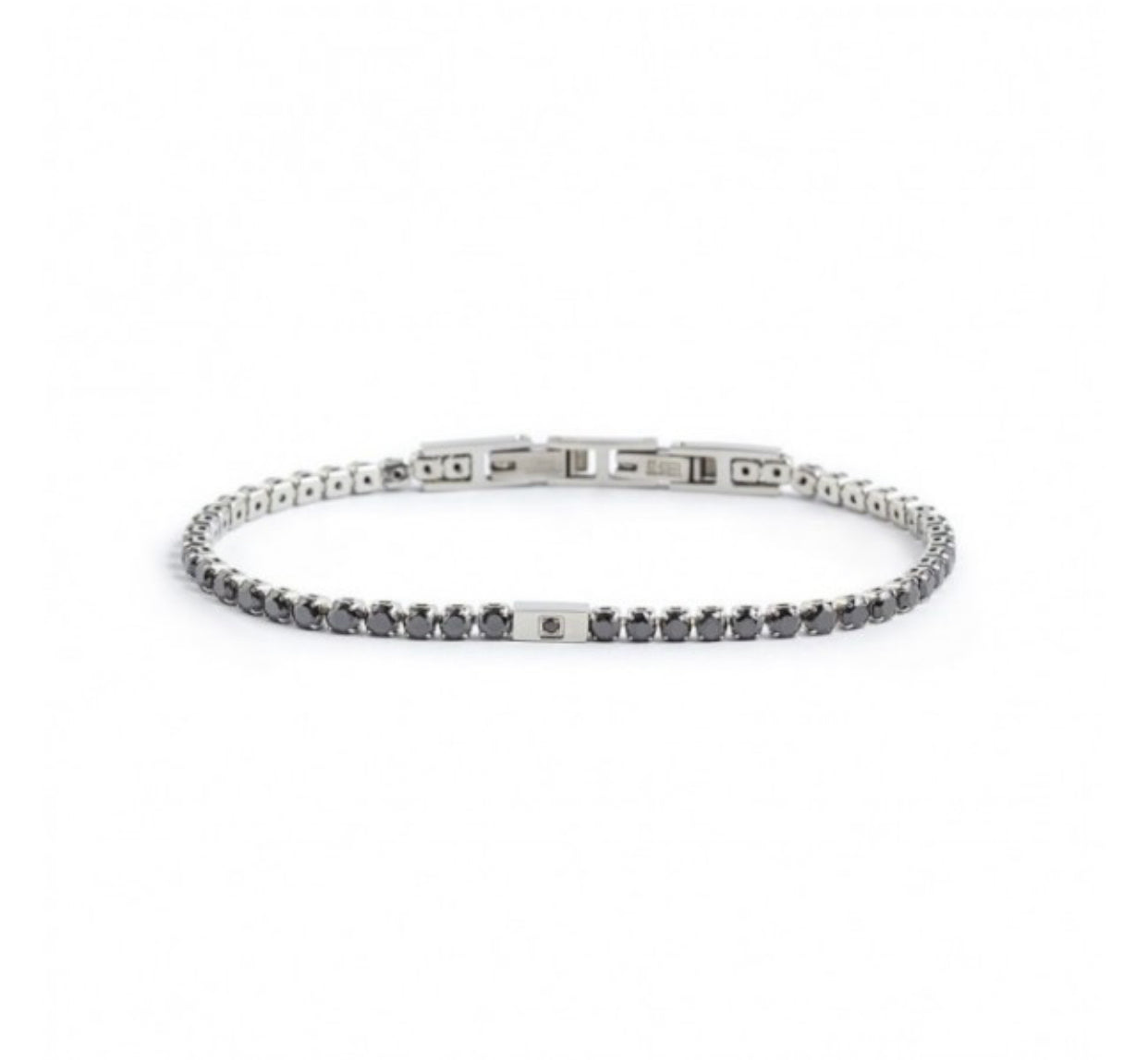 BRACCIALE UOMO MARLÙ TENNIS CRISTALLI NERI 3MM E PLACCA CON CRISTALLO NERO ACCIAIO
