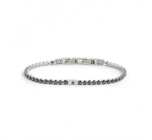 BRACCIALE UOMO MARLÙ TENNIS CRISTALLI NERI 3MM E PLACCA CON CRISTALLO NERO ACCIAIO