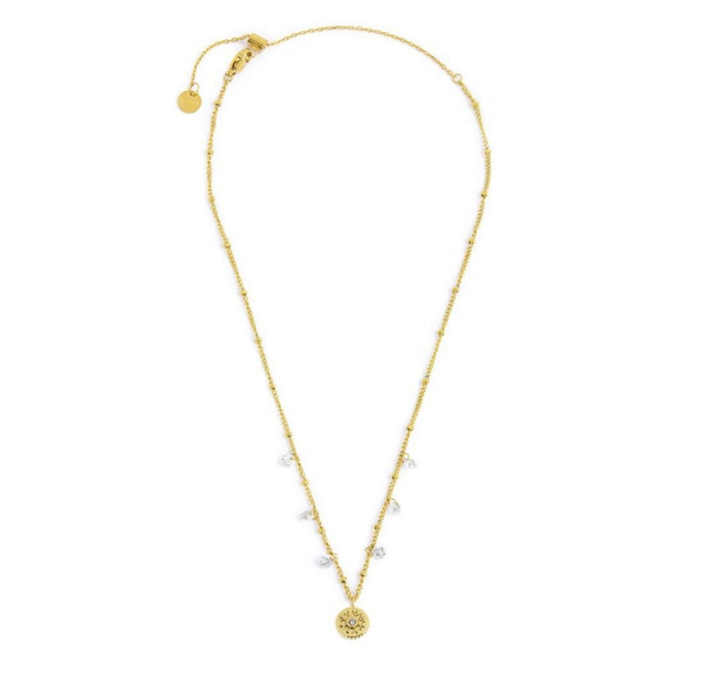 Collana Marlù donna MEDAGLIETTA PENDENTE SOLE CON ZIRCONE CATENA CON ZIRCONI E SFERE PVD ORO