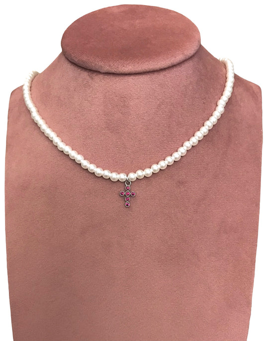 Collana Agios Donna Perle e Croce con Zirconi