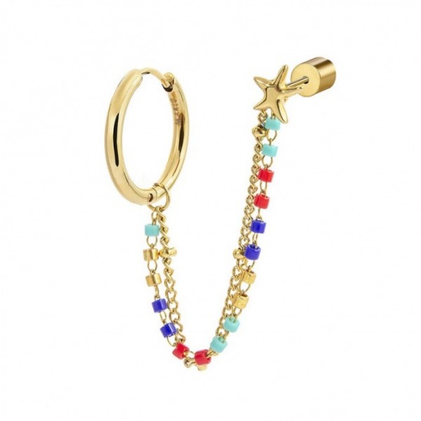 MONO ORECCHINO MULTINDOSSO CERCHIO CON DOPPIA CATENA MIYUKI MULTICOLORE PVD ORO
