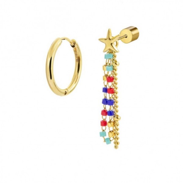 MONO ORECCHINO MULTINDOSSO CERCHIO CON DOPPIA CATENA MIYUKI MULTICOLORE PVD ORO