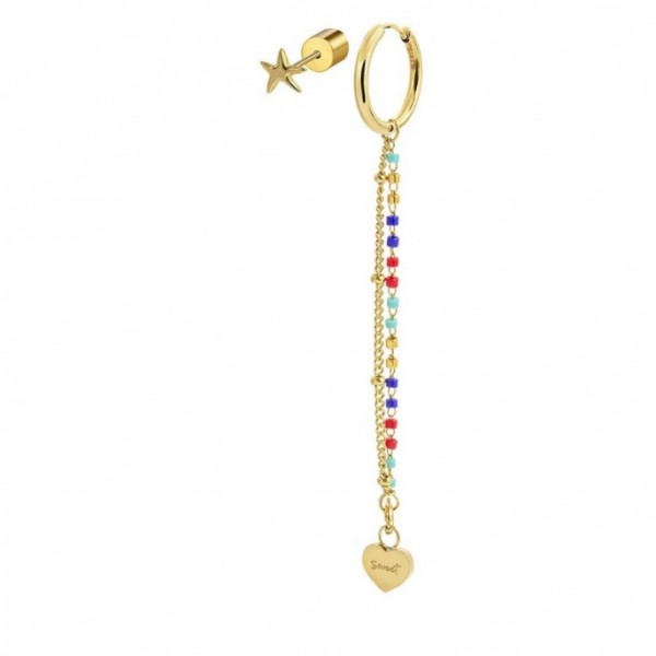 MONO ORECCHINO MULTINDOSSO CERCHIO CON DOPPIA CATENA MIYUKI MULTICOLORE PVD ORO